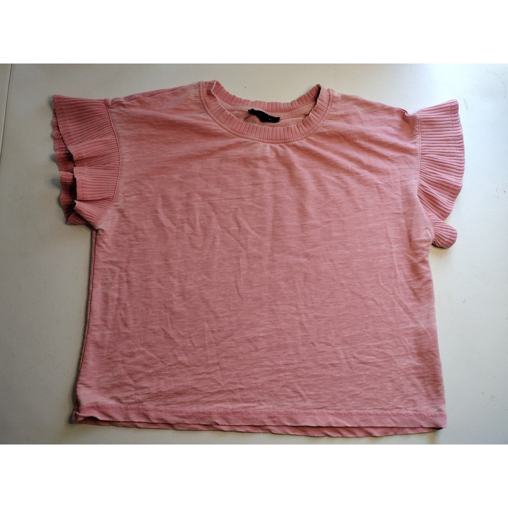 B. Delancey Pink Ruffle Cap Sleeve Knit Top Crew Neck Relaxed Fit Large‎